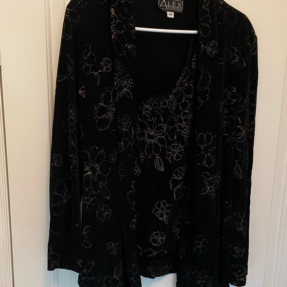 Alex Evening Black  and Floral Top in gold accents